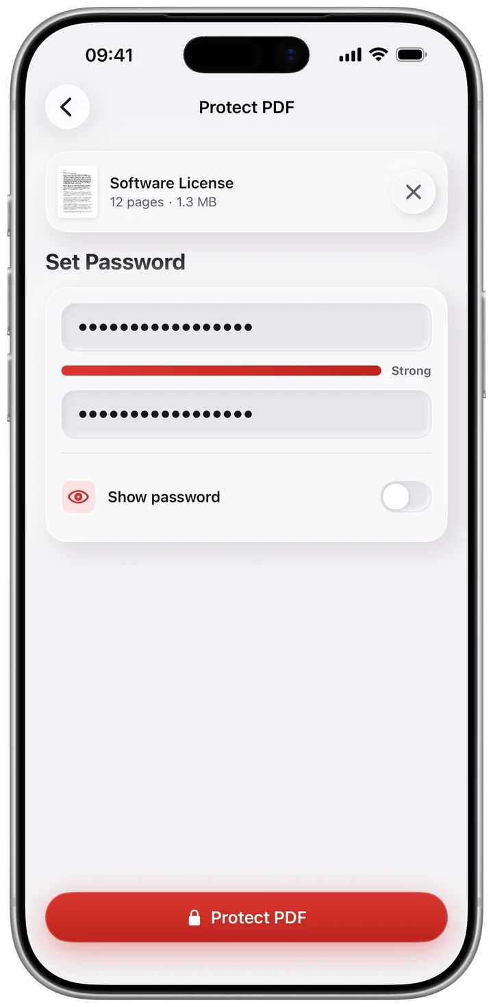 Protect PDF in Pdfino with a password set and a strong password meter