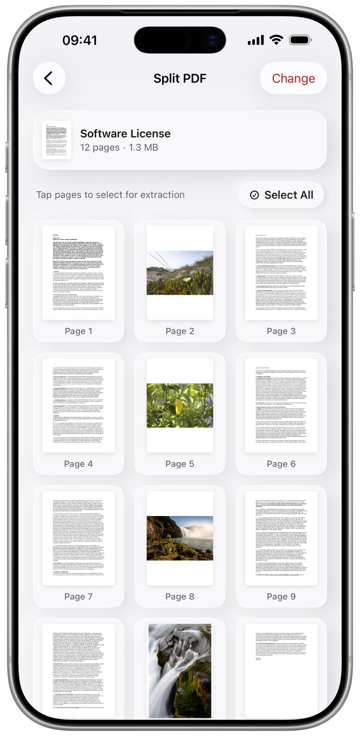 Split PDF in Pdfino, showing a grid of real document pages